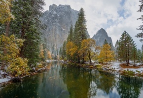 Осень, Горы, Йосемити, Деревья, Снег, Калифорния, Природа