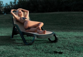 eva elfie, model, women, blonde, bikini, sunbathing, ass, garden, grass, lying down, closed eyes, sunglasses