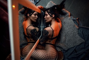 women, top view, tattoo, closed eyes, ass, fishnet, mirror, reflection, bla ...