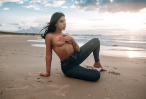 women, sitting, jeans, topless, sand, sea, women outdoors, tattoo, boobs, c ...