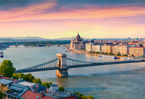 широкоформатные, Панорама, Мост, Речные суда, Будапешт, Венгрия, Danube, Chain bridge, Горизонт, Сверху, Город