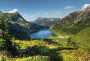 landscape, nature, mountains, lake, sky, clouds