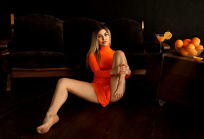 women, orange dress, sitting, wooden floor, strategic covering, orange, wom ...