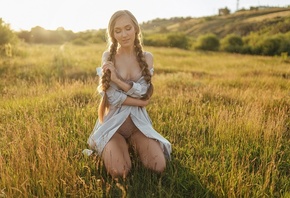 Sergey Freyer, blonde, women, model, lingerie, open shirt, field, grass, kneeling, trees, sky, braids, hips, women outdoors, boobs