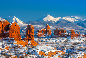 Пейзаж, Панорама, Arches, National Park, Utah, Снег, Скала, Природа