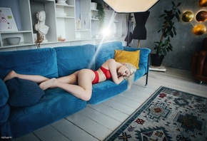 Radmila Dzhanaeva, Maksim Chuprin, blonde, blue couch, red lingerie, ass, women indoors, plants, bust, wooden floor, tattoo, nose ring, women