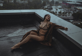 women, rooftops, rain, black lingerie, sitting, belly, ribs, closed eyes, brunette, coats, wet body, wet hair, wet clothing, women outdoors
