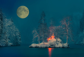 луна, ночь, огни, островок