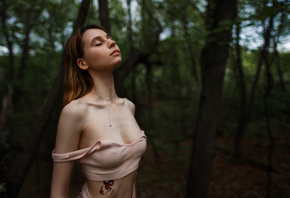women, trees, tattoo, women outdoors, nature, nipples through clothing, closed eyes, forest, freckles, belly, necklace, portrait, redhead