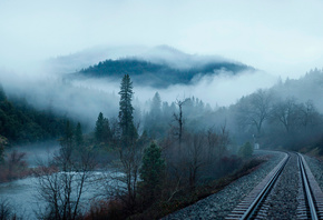 горы, лес, туман, река, железная дорога