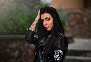 women, leather jackets, portrait, face, women outdoors, black jackets, pierced nose