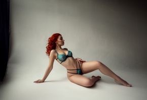 women, redhead, green lingerie, studio, women indoors, sitting, see-through ...