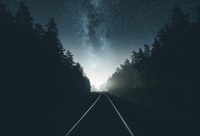 ночь, звезды, лес, железная дорога