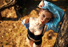 women, dyed hair, black lingerie, trees, women outdoors, necklace, tattoo,  ...