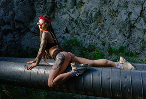 women, long hair, brunette, tattoo, sunglasses, ass, white socks, women outdoors, sneakers, painted nails, head band