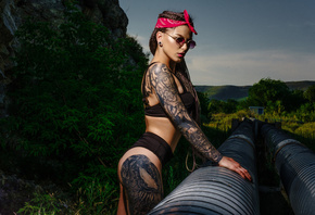 women, long hair, brunette, tattoo, sunglasses, ass, painted nails, women o ...