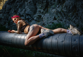 women, long hair, brunette, tattoo, ass, sunglasses, women outdoors, painted nails, white socks, sneakers, head band