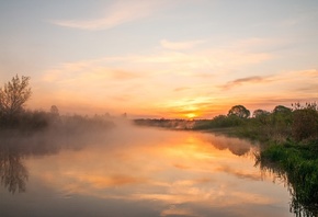 лето, речка, туман, восход солнца