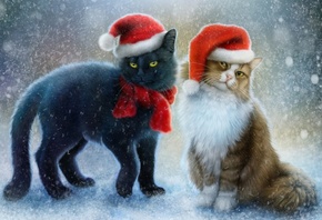два, нарисованных, кота, в, новогодних, шапках, на, снегу