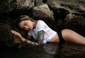 women, water, wet body, women outdoors, tattoo, white t-shirt, nose ring, w ...