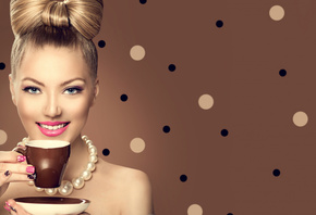 girl, smile, style, model, coffee, makeup, hairstyle, beads