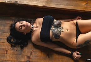women, Ildar Rivera, wooden floor, women indoors, black panties, tattoo, no ...