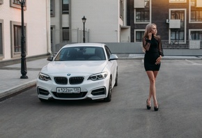 bmw, white bmw, model, blonde, women, black dress, heeled shoes, high heels, road