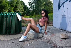 women, Sergey Pak, sitting, jean shorts, sneakers, sunglasses, tattoo, brun ...