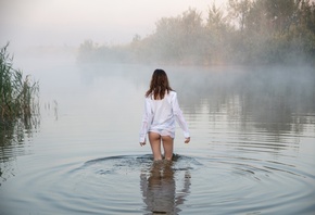 women, white shirt, river, ass, back, mist, black panties, wet body, wet cl ...
