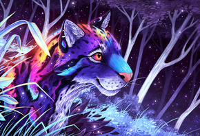 leopard, forest, art, pink, neon