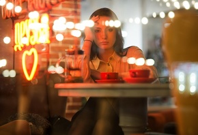 coffee shop, coffee, model, brunette, women, table, window, chair, blouse, glasses, bokeh