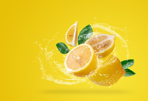 вода, брызги, лимон, всплеск, цитрус, желтый, фон