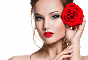обои девушка, роза, яркая, помада, губы, плечи, ресницы, взгляд, красивая девушка, роза, яркая, помада, губы, плечи, ресницы, взгляд, красивая
