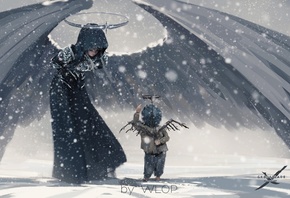 снег, ангел, крылья, нимб, мальчик, wlop, ghostblade