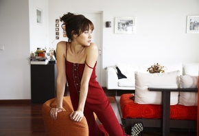 Olga Kurylenko, girl, model, in, red, suit