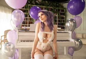 Taylor Bloxam, cosplay, women, piano, model, purple hair, balloon, lingerie, bodysuit, hips, tattoo, sitting, bookcase, stockings, white stockings, chair, couch, women indoors, window