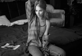 Alex Nemalevich, blonde, tattoo, women, model, bed, sitting, plaid shirt, m ...