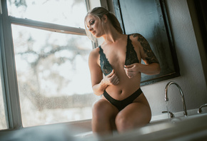 suicide girls, blonde, women, model, bathtub, lingerie, panties, ass, bra,  ...