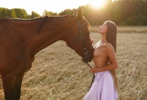women, Andrey Popov, horse, women outdoors, boobs, nipples, topless, brunet ...