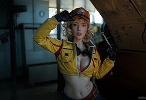 Kira Mitenkova, Lada Lyumos, Cindy Aurum, Final Fantasy XV, video games girl, video games, model, blonde, brunette, goggles, baseball cap, jacket, women, jacket, open jacket, neckline, red bra, gloves, machine, tool, window, belly button