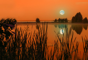 пейзаж, озеро, отражение, луна