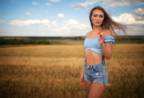 women, Dmitry Sn, belly, jean shorts, red nails, women outdoors, ribs, sky, clouds