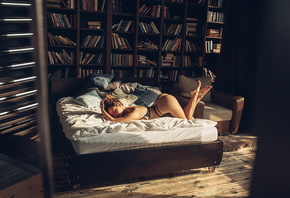 brunette, model, women, women indoors, in bed, bedroom, lingerie, ass, bra, panties, wooden floor, couch, barefoot, bed, bookcase, lying on front