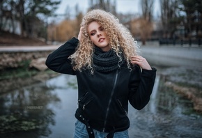 Ivan Sheremet, blonde, model, women, women outdoors, winter, curly hair, jacket, scarf, jeans, lake, trees, blue eyes