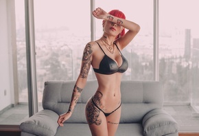 model, women, redhead, tattoo, bikini, black bikini, women indoors, couch, window, pierced navel, boobs, curvy