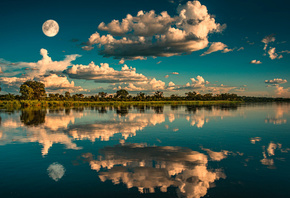 пейзаж, облака, озеро, отражение, луна