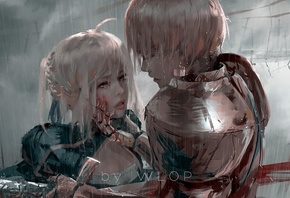 дождь, девушка, рыцарь, меч, кровь, wlop