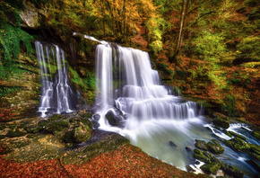 природа, осень, Robert Didierjean, водопад, каскад, камни, листья