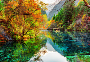 природа, осень, цзючжайгоу, парк, природа, китай, лес, деревья, озеро, отражение