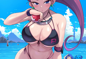 Pokemon, Jessie Pokemon, James Pokemon, Pikachu, Meowth, anime girls, bikini, beach, blue eyes, women, purple hair, fan art, sky, clouds, hips, curvy